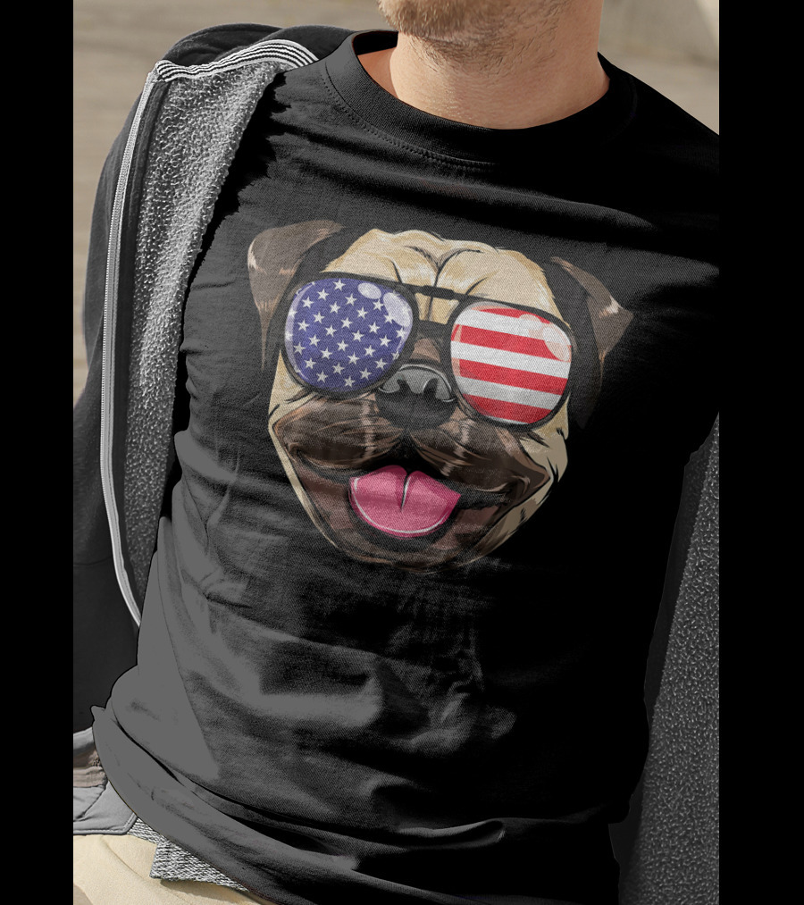 Pug Dog With American Flag Sunglasses Patriotic T-Shirt