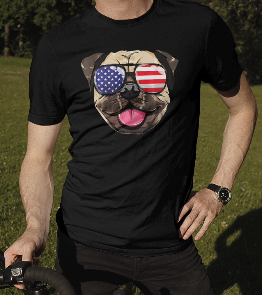 Pug Dog With American Flag Sunglasses Patriotic T-Shirt
