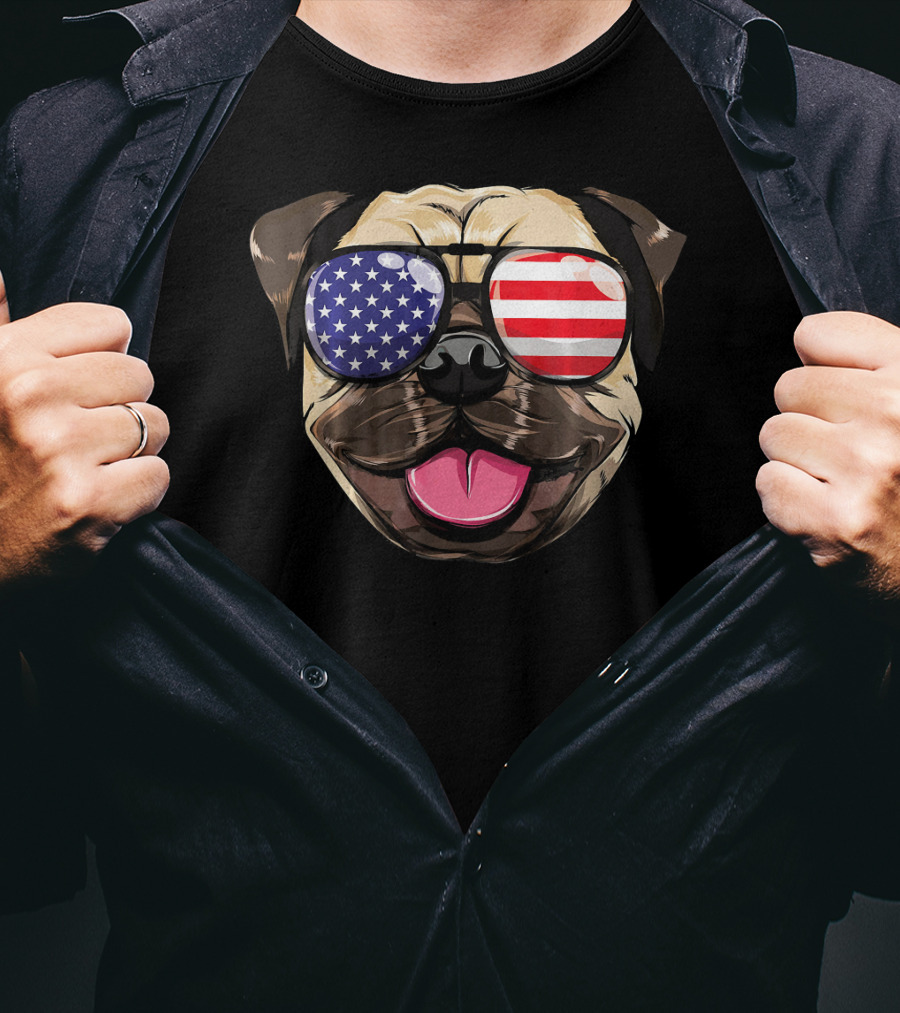 Pug Dog With American Flag Sunglasses Patriotic T-Shirt
