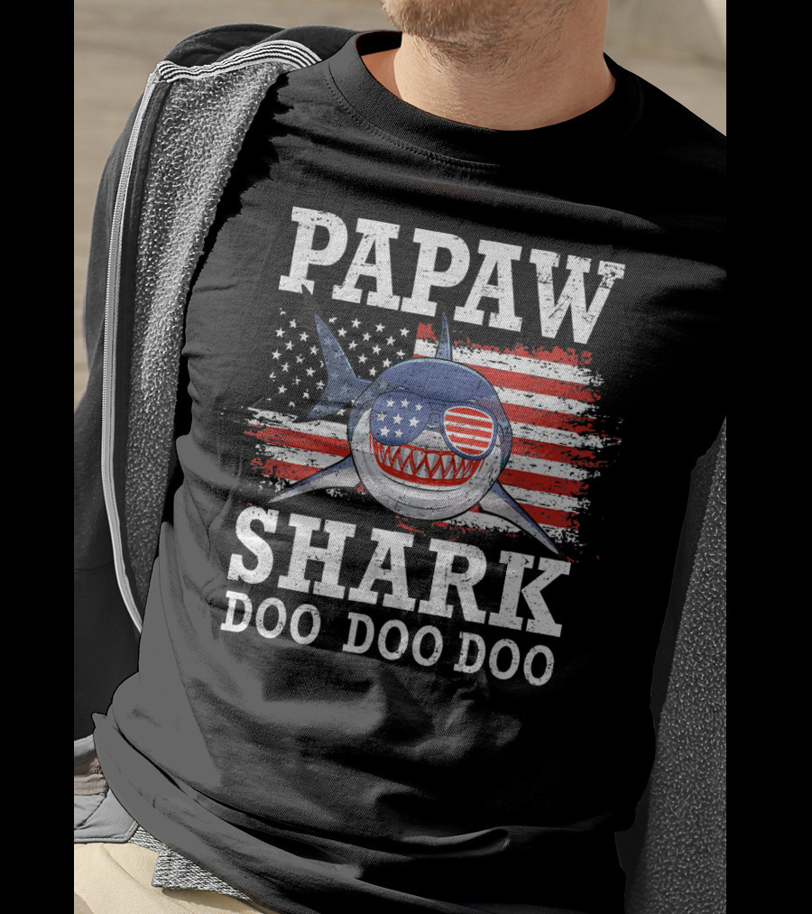 Papaw Shark Doo Doo Doo American Flag Sunglasses T-Shirt