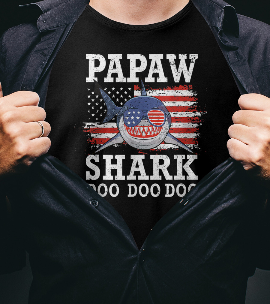 Papaw Shark Doo Doo Doo American Flag Sunglasses T-Shirt