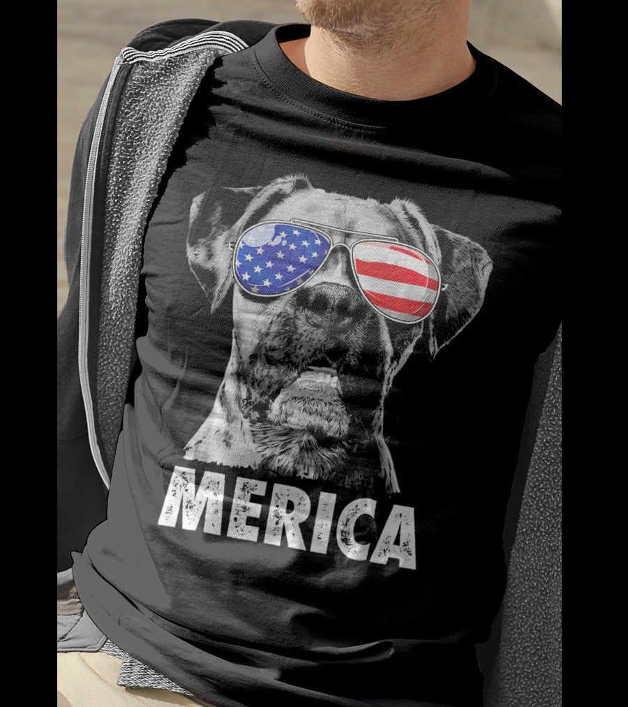Merica Boxer Dog With American Flag Sunglasses T-Shirt