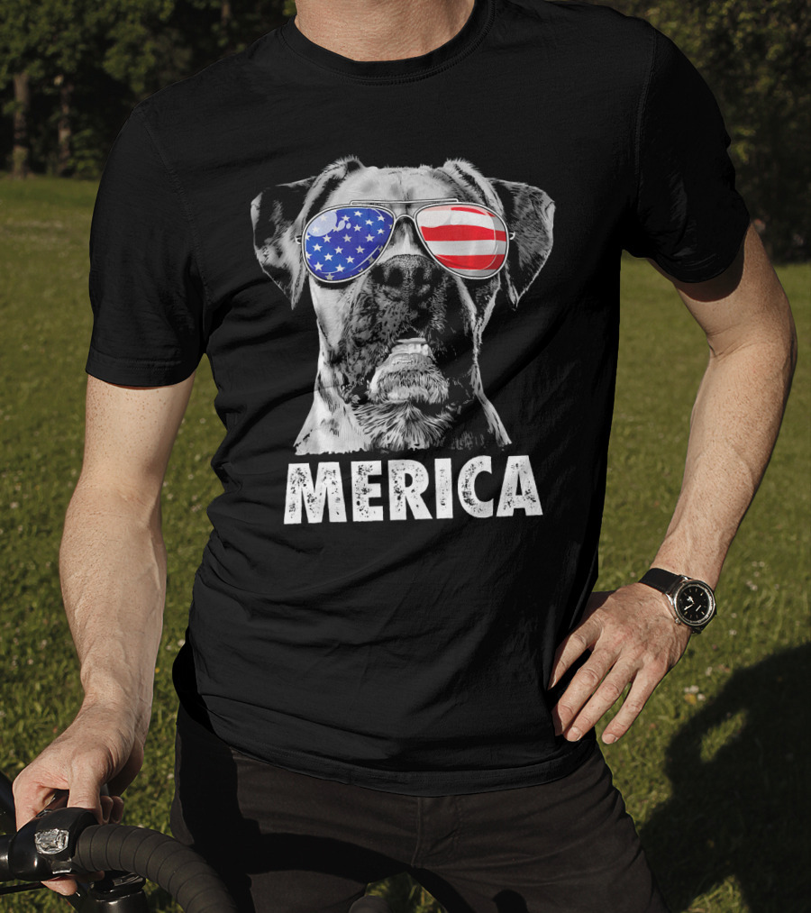 Merica Boxer Dog With American Flag Sunglasses T-Shirt