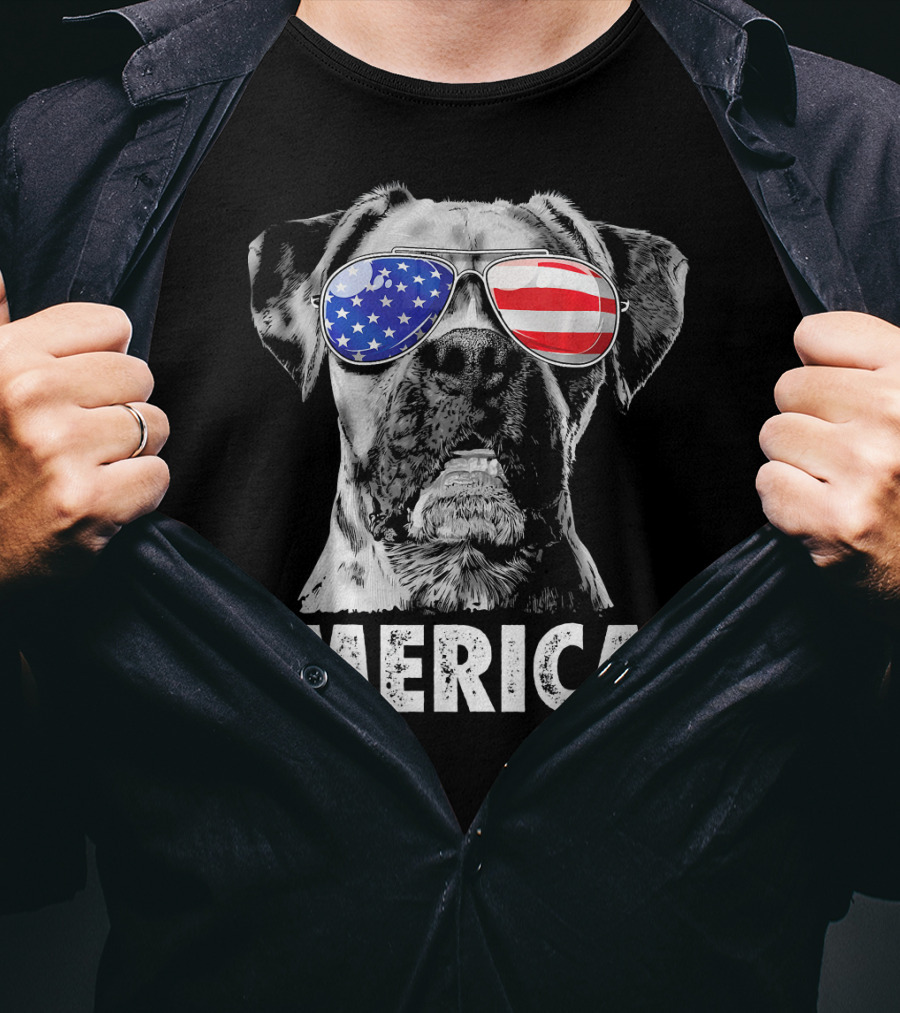 Merica Boxer Dog With American Flag Sunglasses T-Shirt