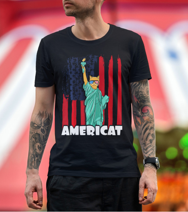 Premium T-Shirt: Americat Cat with Liberty Statue Sunglasses USA Flag 4th of July Independence Day T-Shirt Americat Cat with Liberty Statue Sunglasses USA Flag 4th of July Independence Day T-Shirt