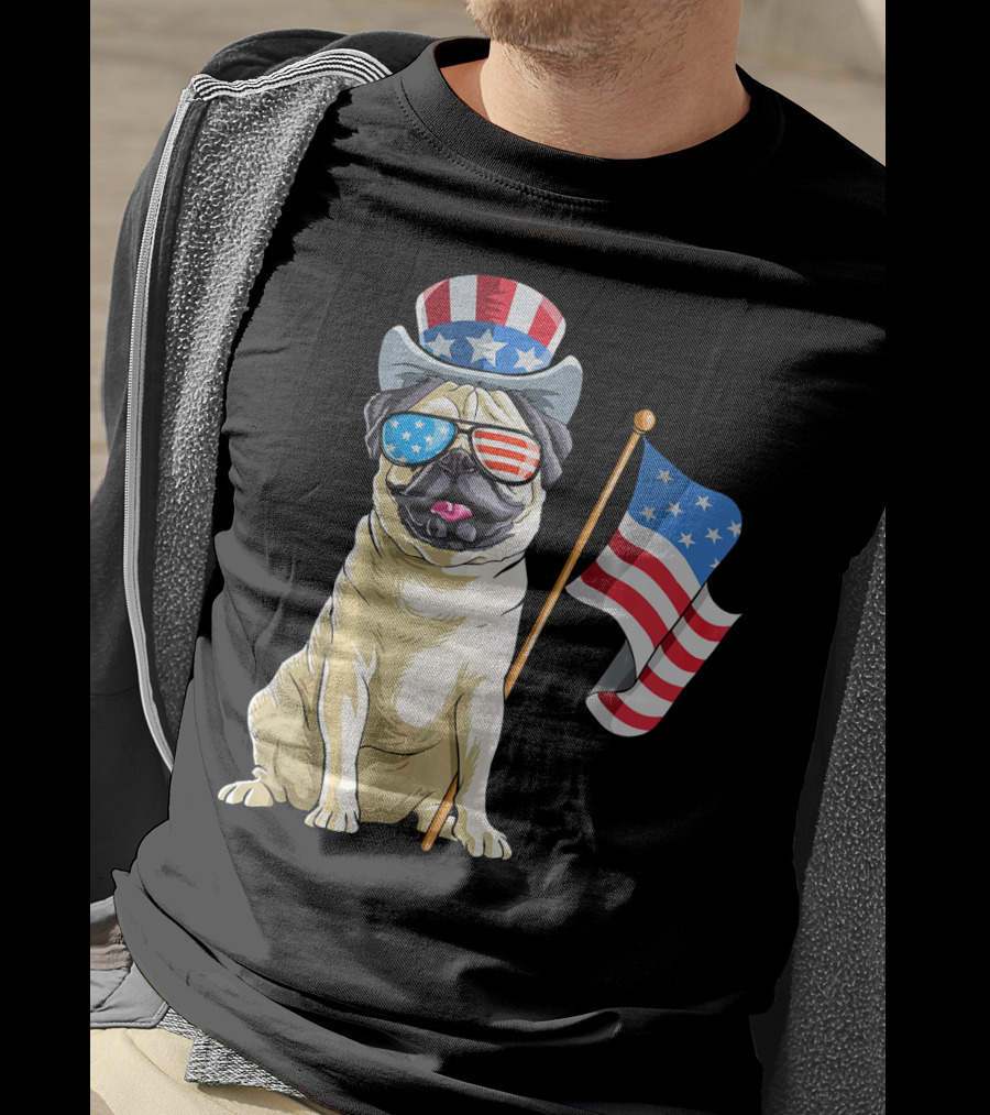 Pug In Patriotic Hat And Sunglasses Holding American Flag T-Shirt