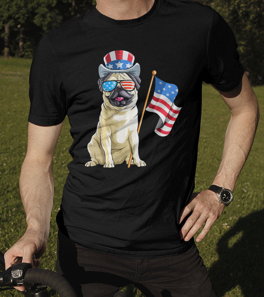 Pug In Patriotic Hat And Sunglasses Holding American Flag T-Shirt