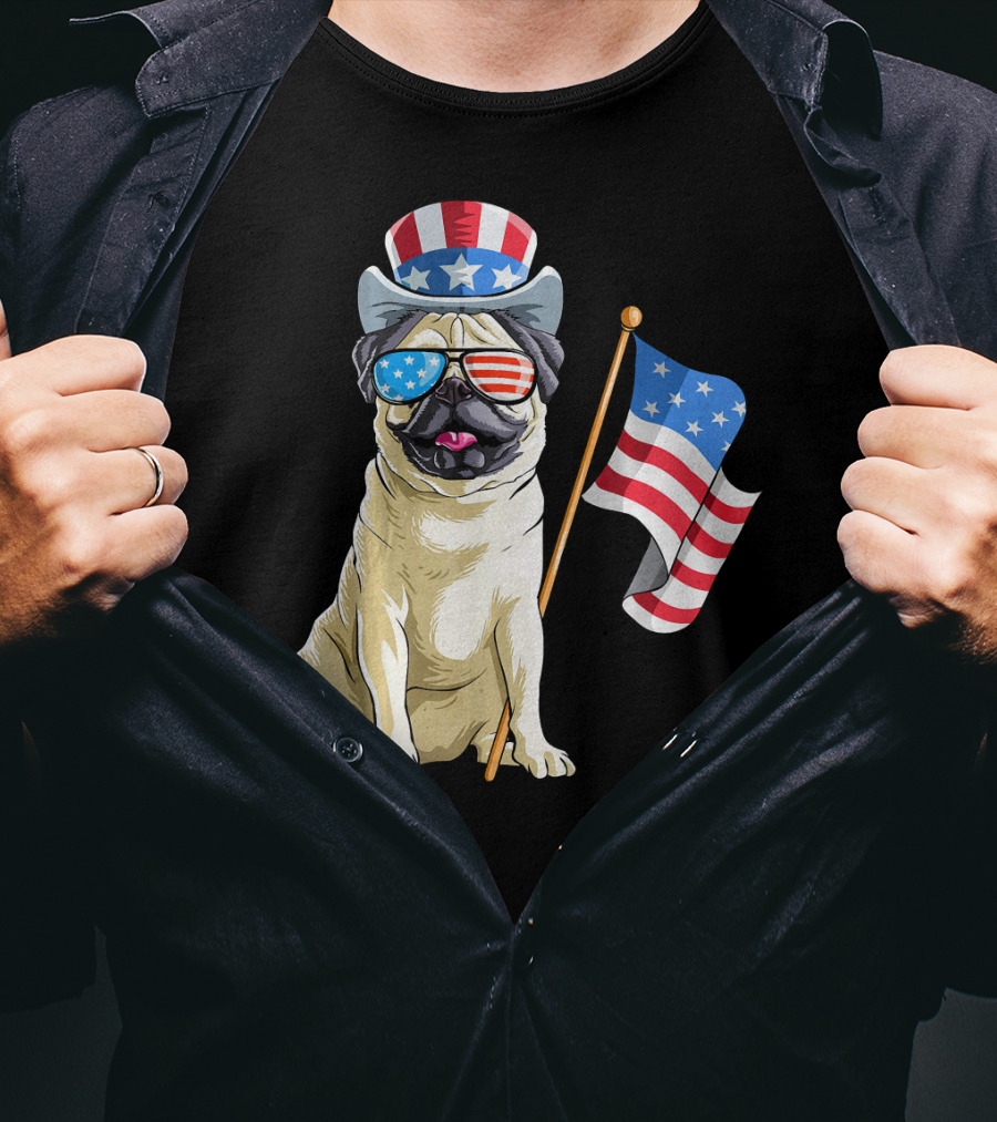 Pug In Patriotic Hat And Sunglasses Holding American Flag T-Shirt