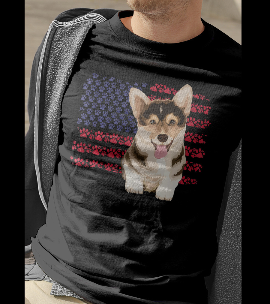 American Flag Corgi Dog With Paw Prints T-Shirt