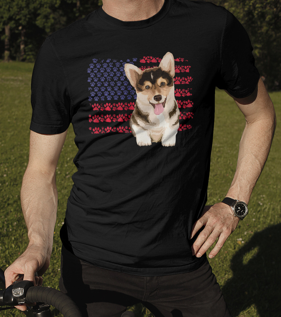 American Flag Corgi Dog With Paw Prints T-Shirt