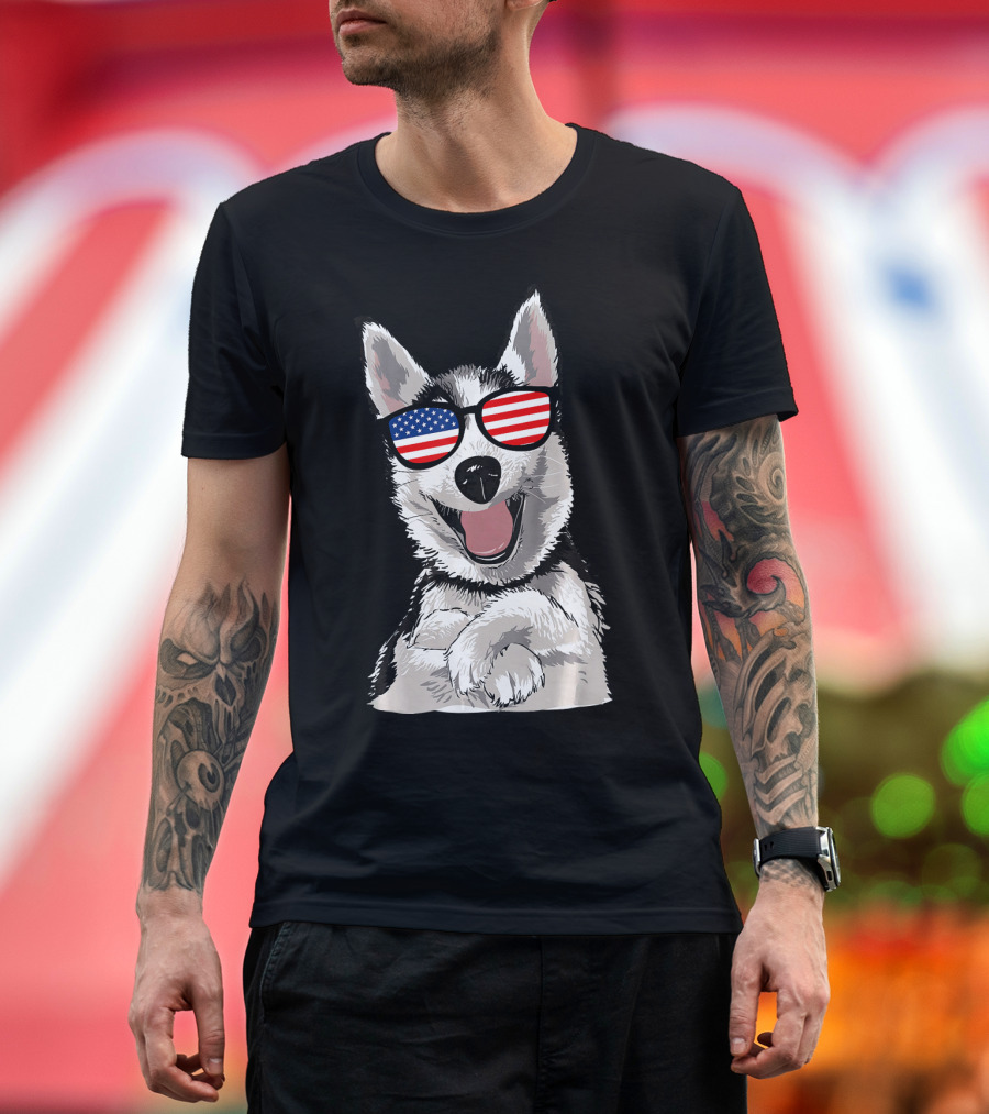 Patriotic Dog Husky with American Flag Sunglasses T-Shirt