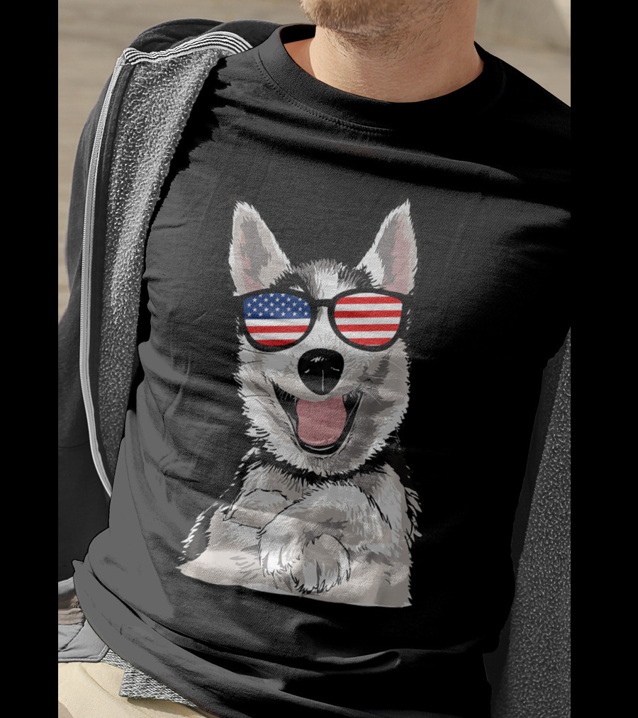 Patriotic Dog Husky With American Flag Sunglasses T-Shirt