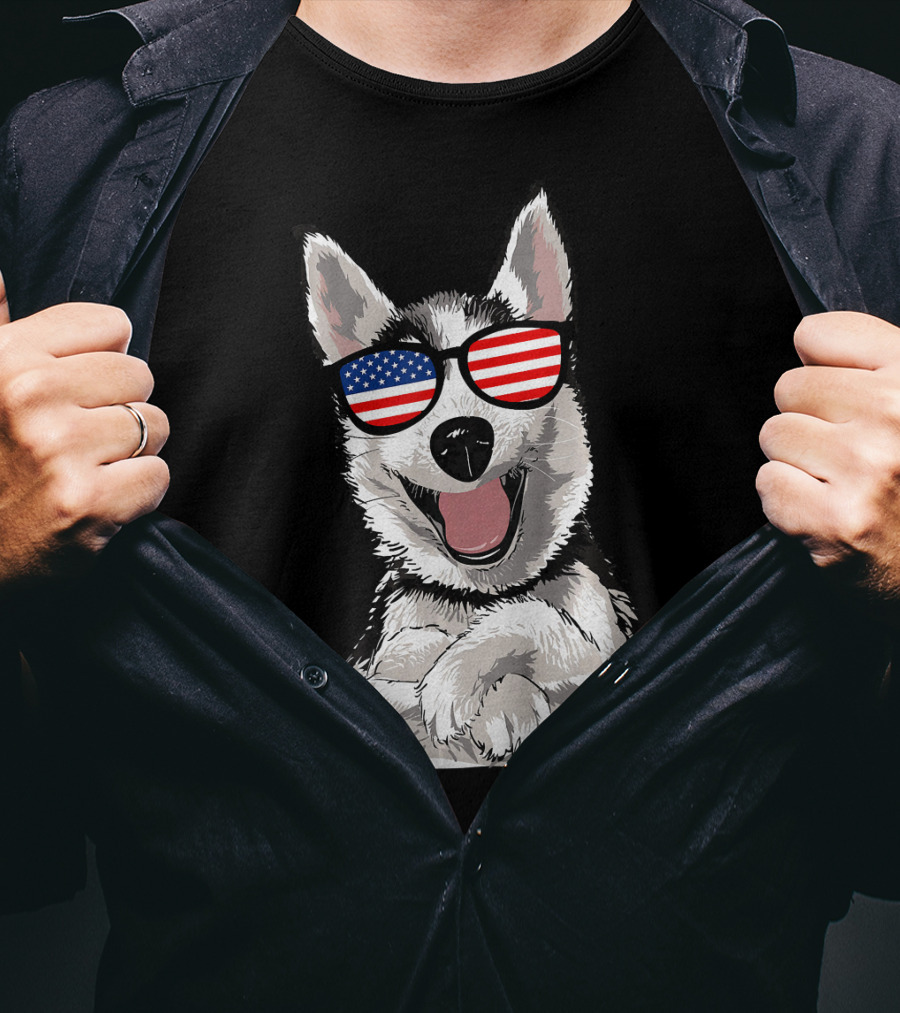 Patriotic Dog Husky With American Flag Sunglasses T-Shirt