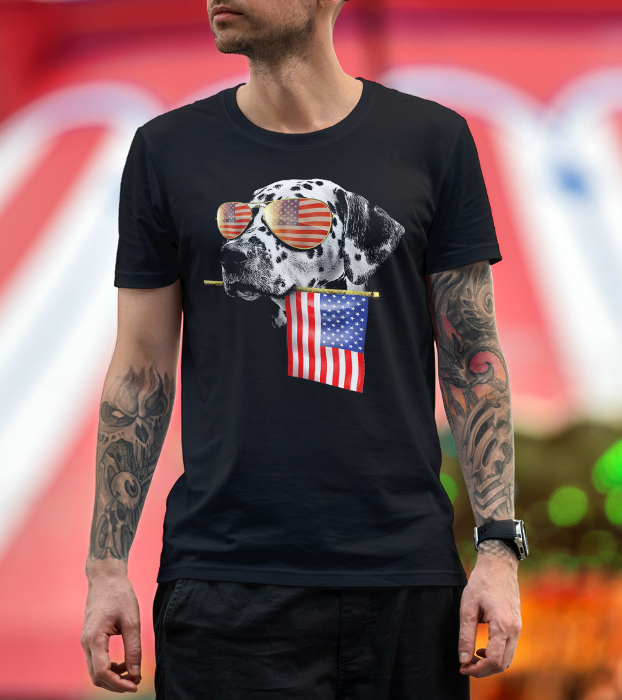 4th of July Fun American Flag Dalmatian Dog with Sunglasses and Flag T-Shirt