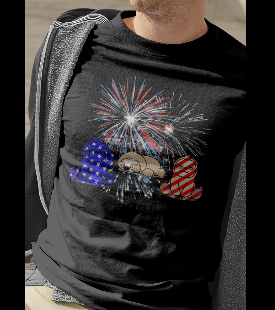 Red White Blue Sloth Fireworks Patriotic T-Shirt