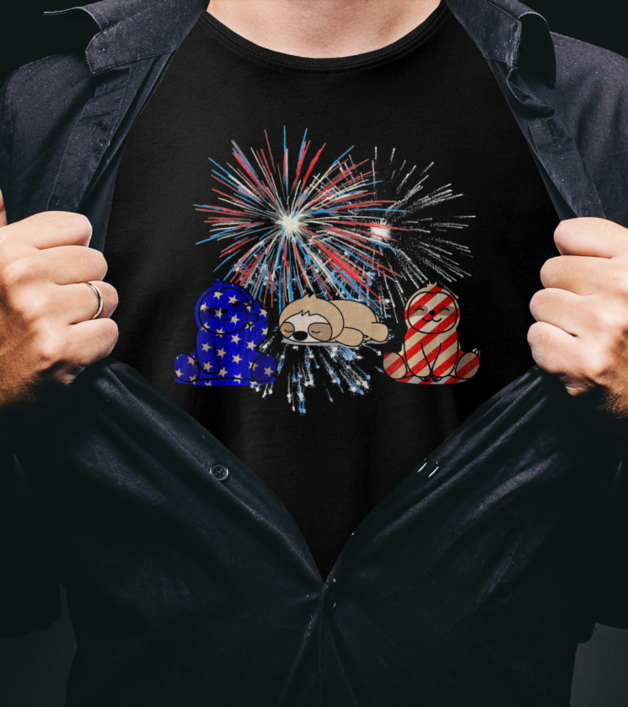 Red White Blue Sloth Fireworks Patriotic T-Shirt