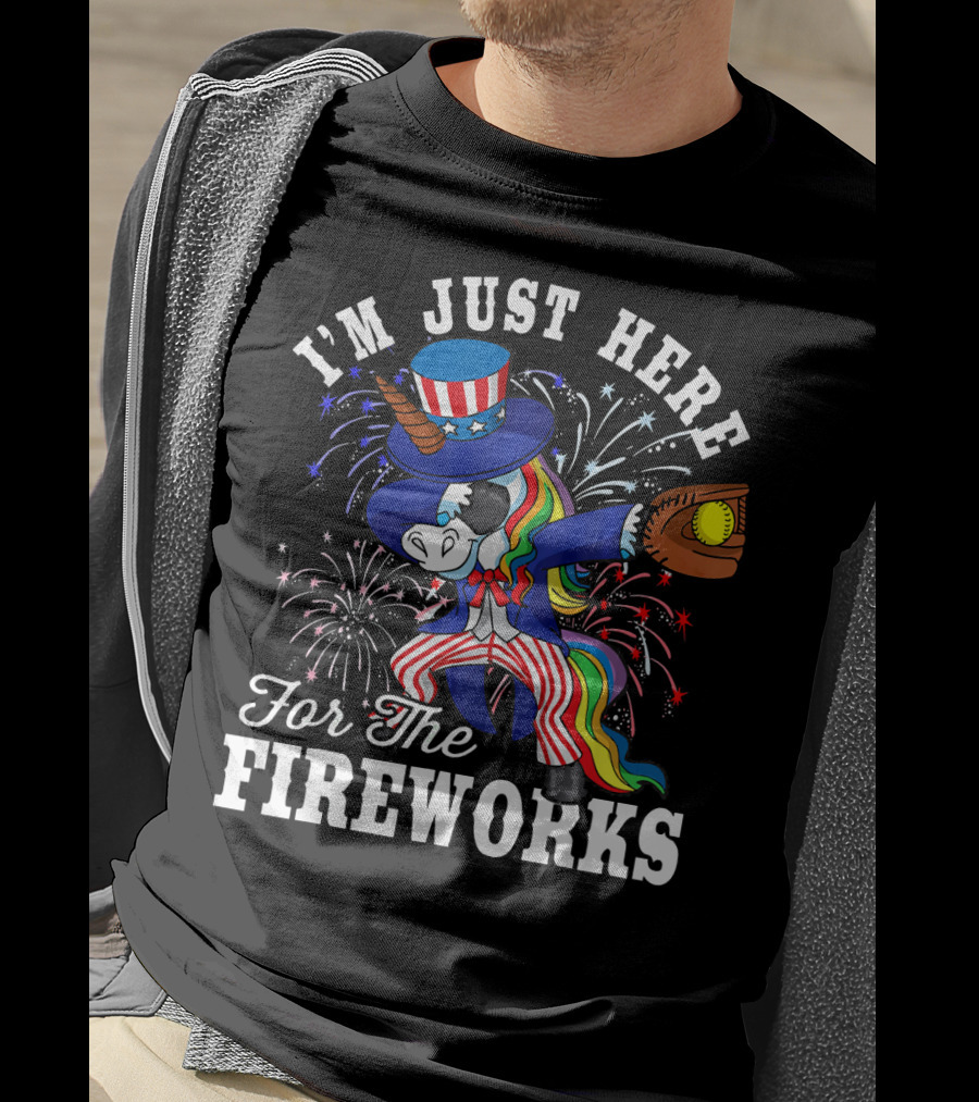 I'm Just Here For The Fireworks Dabbing Unicorn Uncle Sam Softball T-Shirt