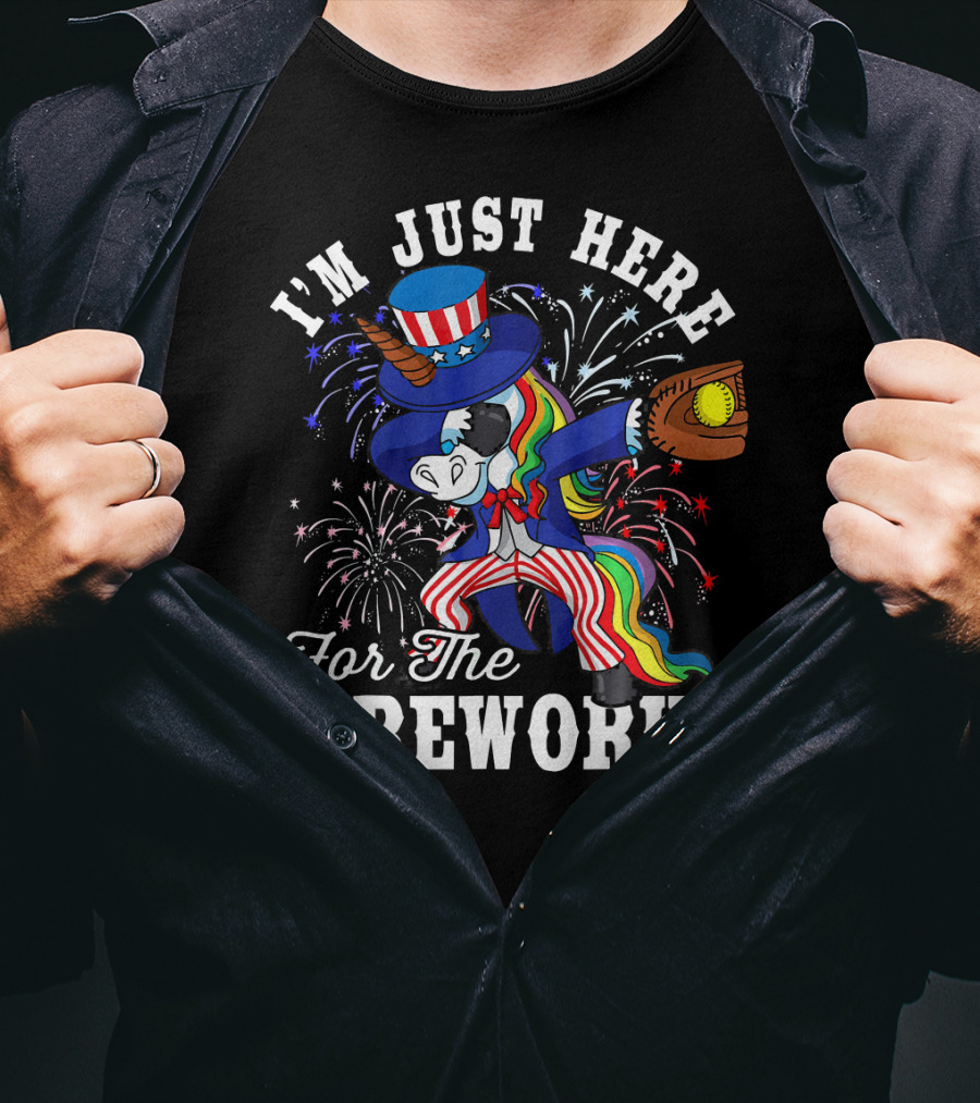 I'm Just Here For The Fireworks Dabbing Unicorn Uncle Sam Softball T-Shirt