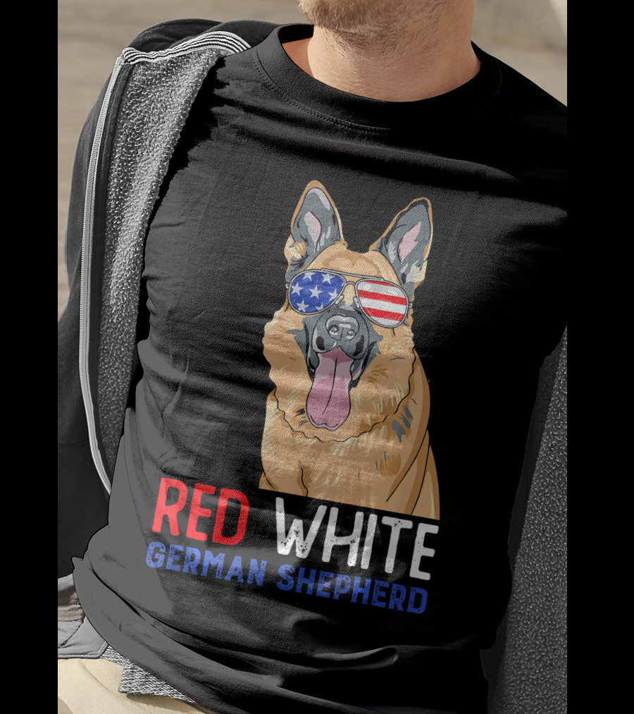Red White German Shepherd USA Sunglasses Stars Stripes T-Shirt