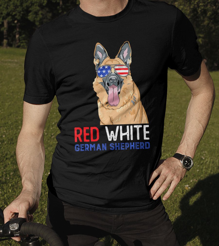Red White German Shepherd USA Sunglasses Stars Stripes T-Shirt