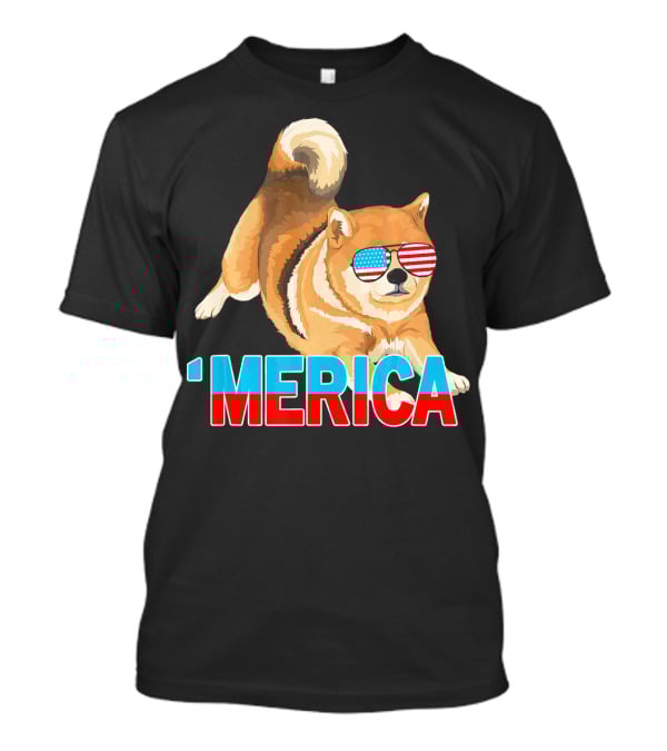 Merica Shiba Inu With American Flag Sunglasses T-Shirt