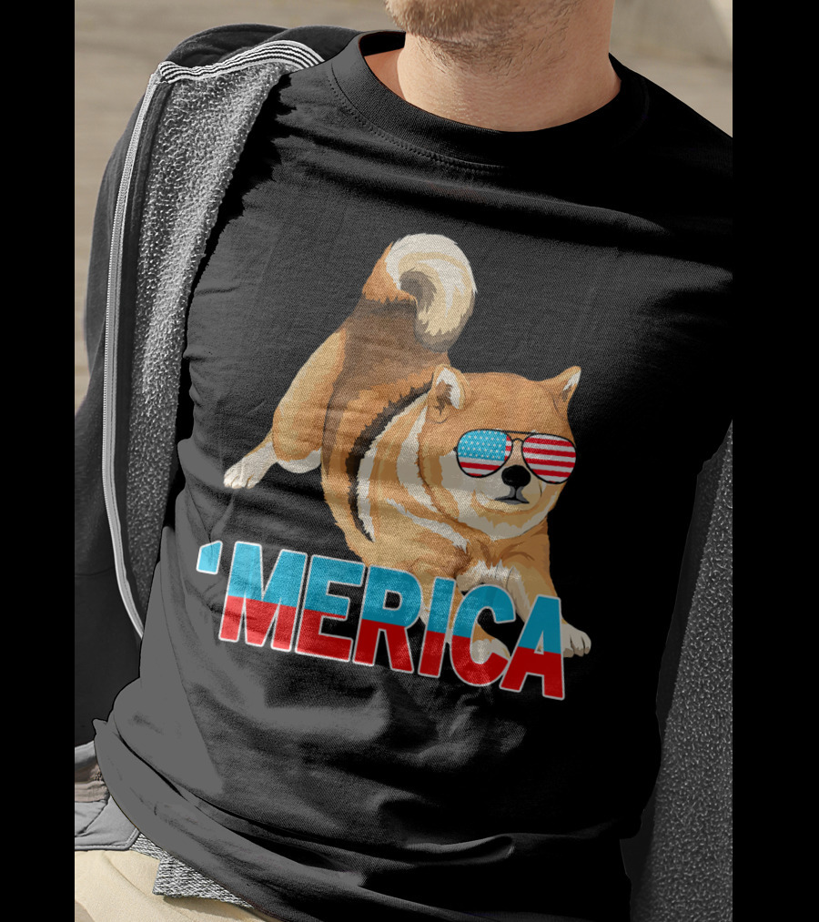 Merica Shiba Inu With American Flag Sunglasses T-Shirt