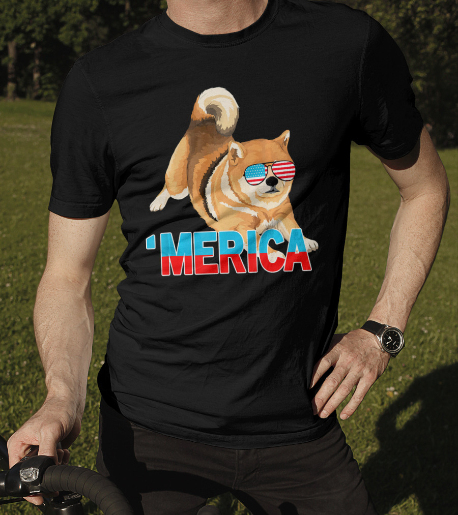 Merica Shiba Inu With American Flag Sunglasses T-Shirt