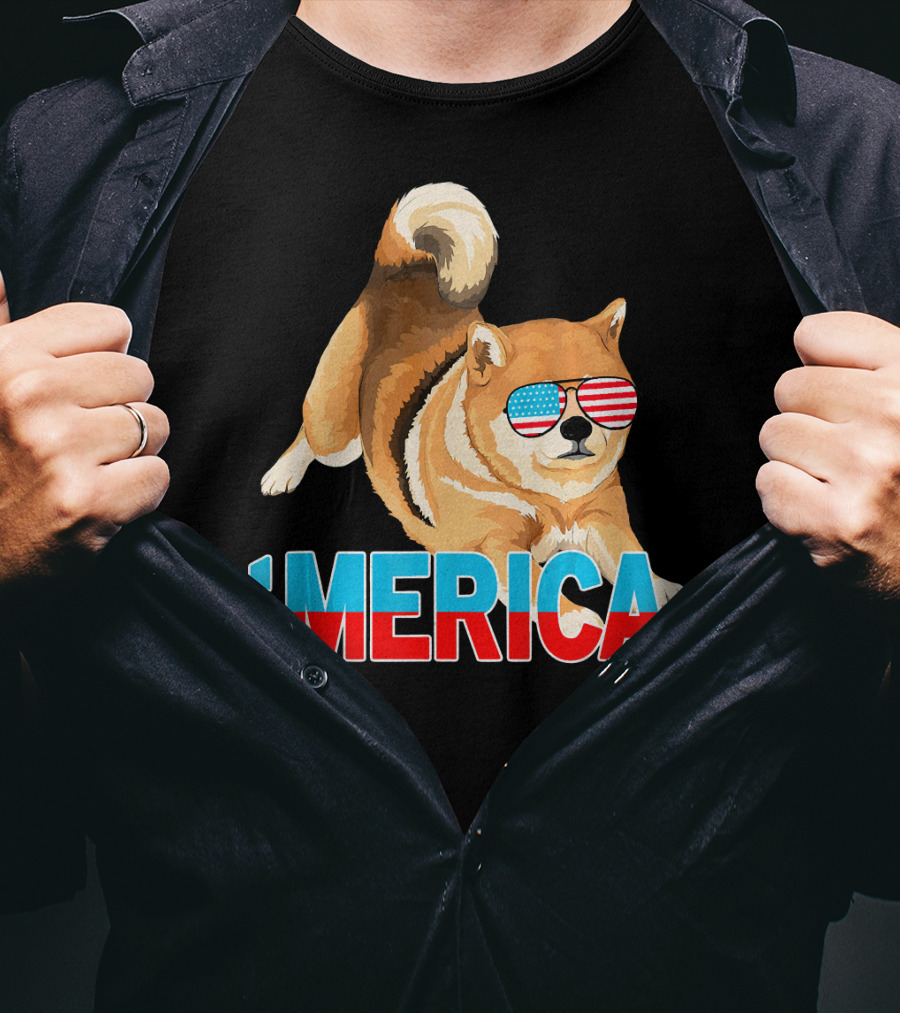 Merica Shiba Inu With American Flag Sunglasses T-Shirt