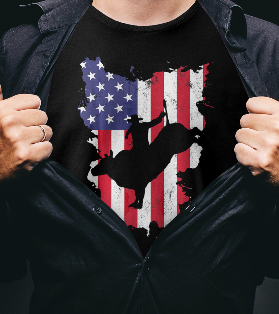 Bull Riding Cowboy Silhouette USA Flag T-Shirt
