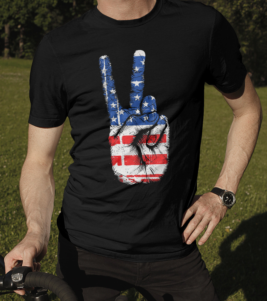 American Flag Peace Sign Hand Gesture T-Shirt