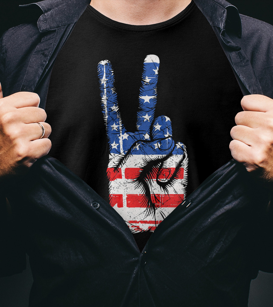 American Flag Peace Sign Hand Gesture T-Shirt