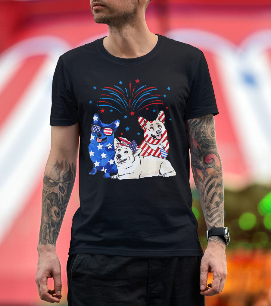 American Flag USA 4th of July Corgi Patriotic Fireworks Celebration Dog Trio T-Shirt