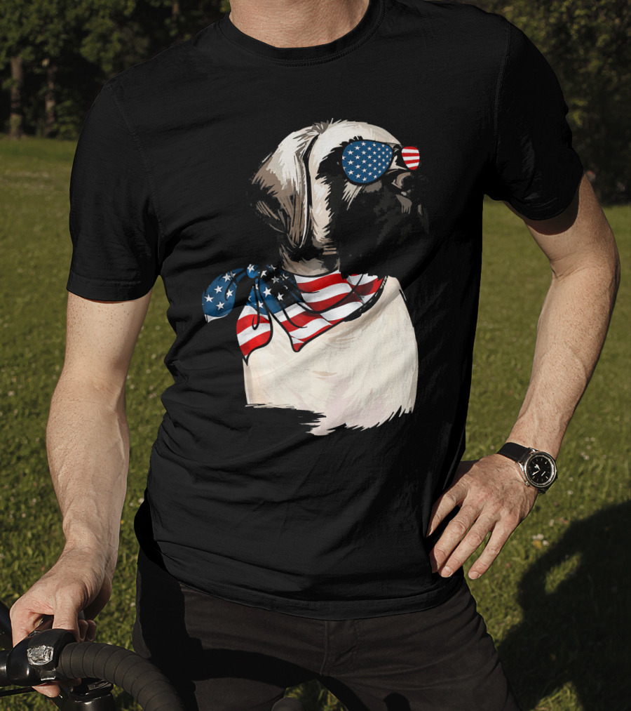 American Flag English Mastiff With Patriotic Stars And Stripes Sunglasses And Scarf T-Shirt