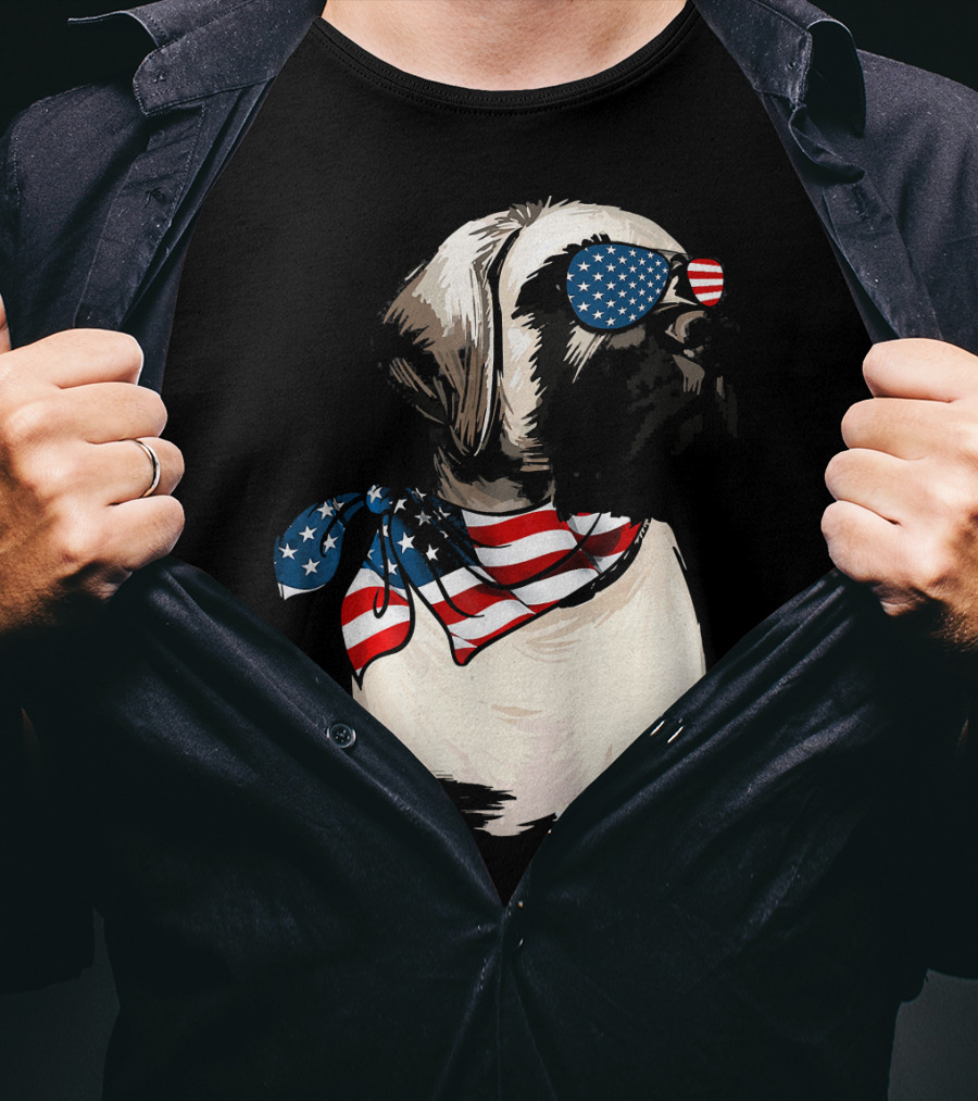American Flag English Mastiff With Patriotic Stars And Stripes Sunglasses And Scarf T-Shirt