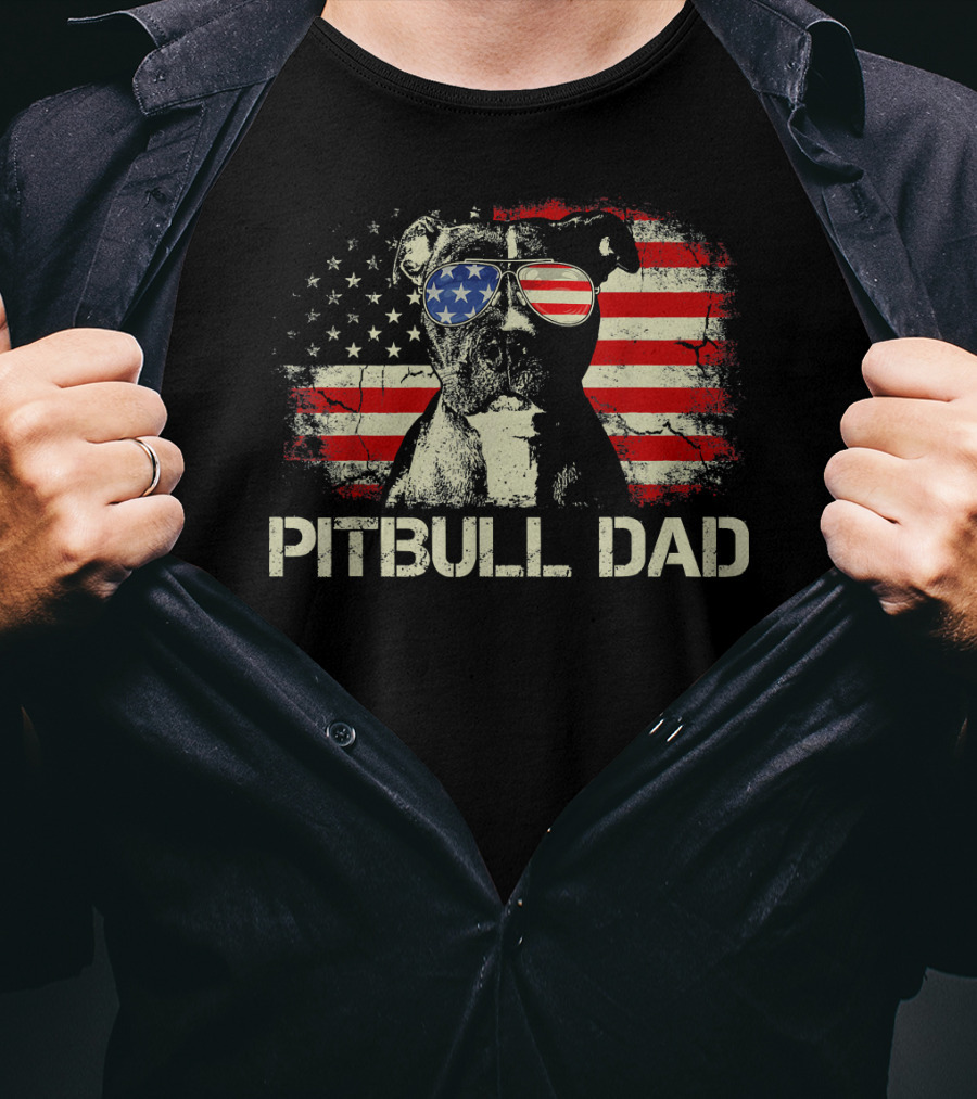 Pitbull Dad American Flag Sunglasses Patriotic Mens Best Ever T-Shirt