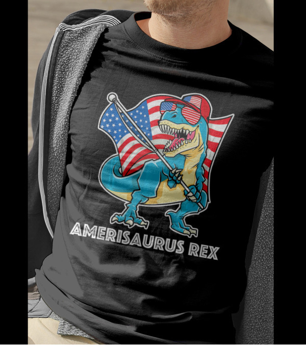 Amerisaurus Rex Patriotic Dinosaur With American Flag And Sunglasses T-Shirt
