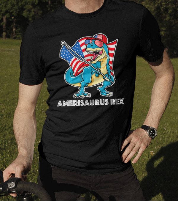 Amerisaurus Rex Patriotic Dinosaur With American Flag And Sunglasses T-Shirt