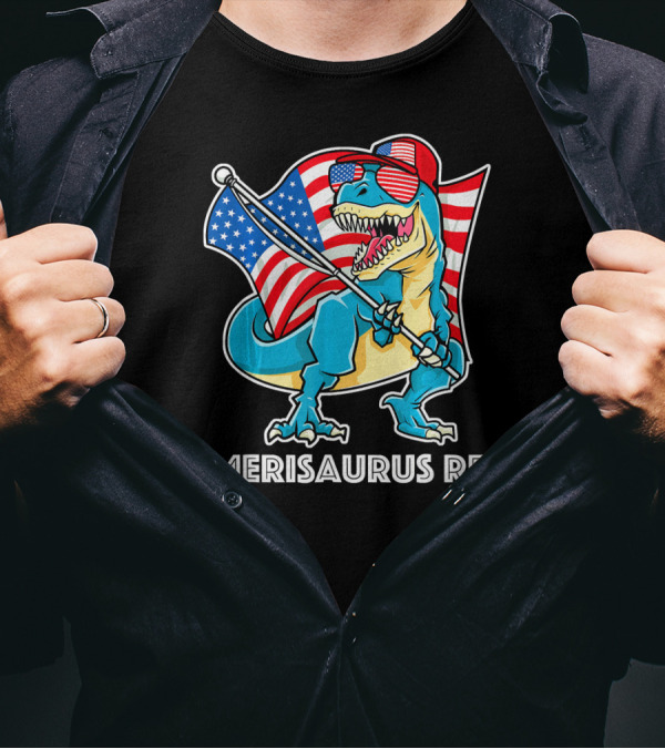Amerisaurus Rex Patriotic Dinosaur With American Flag And Sunglasses T-Shirt