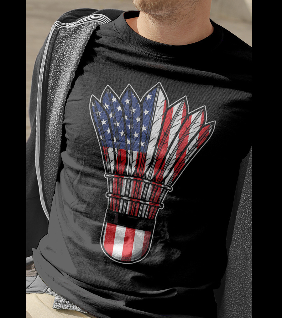 Funny Badminton Shuttlecock American Flag Patriot Player Love T-Shirt