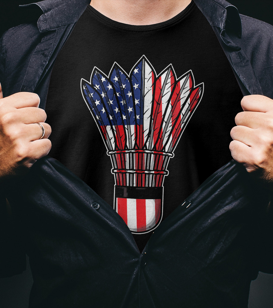 Funny Badminton Shuttlecock American Flag Patriot Player Love T-Shirt