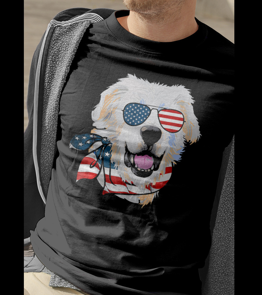 American Flag Great Pyrenees Dog With Patriotic Sunglasses And Bandana T-Shirt