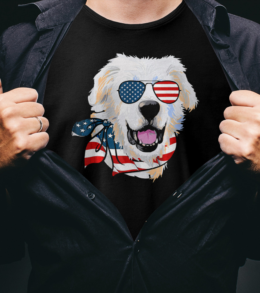 American Flag Great Pyrenees Dog With Patriotic Sunglasses And Bandana T-Shirt