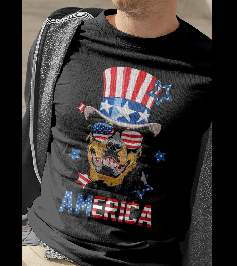 America Rottweiler Wearing Patriotic Top Hat And Sunglasses T-Shirt