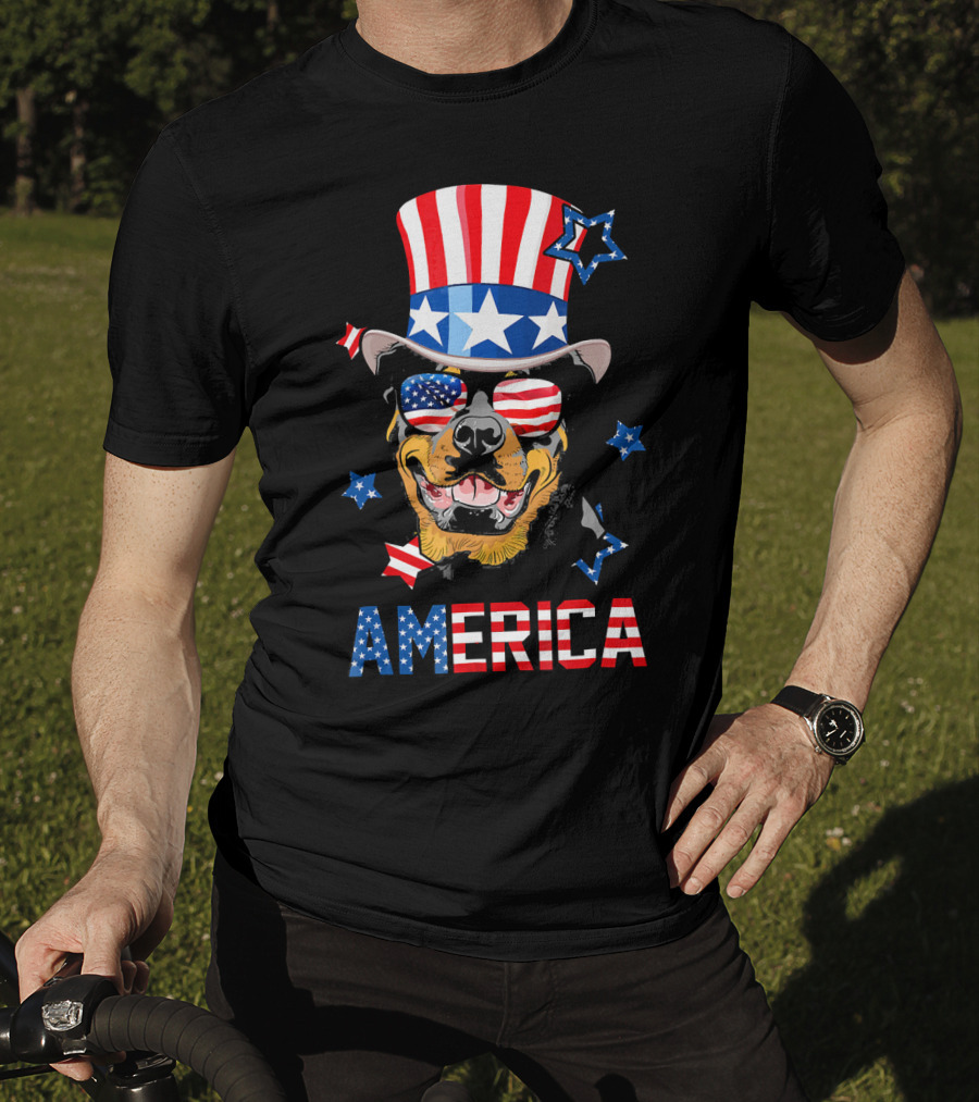 America Rottweiler Wearing Patriotic Top Hat And Sunglasses T-Shirt