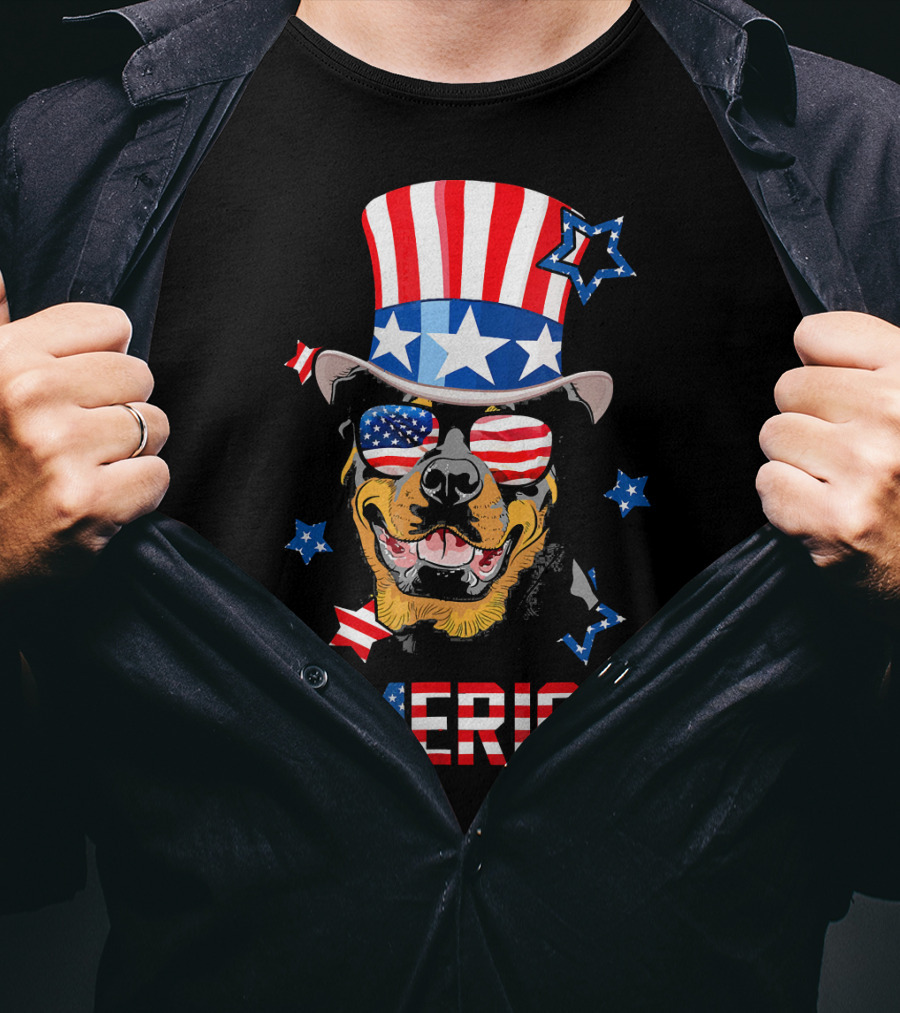 America Rottweiler Wearing Patriotic Top Hat And Sunglasses T-Shirt