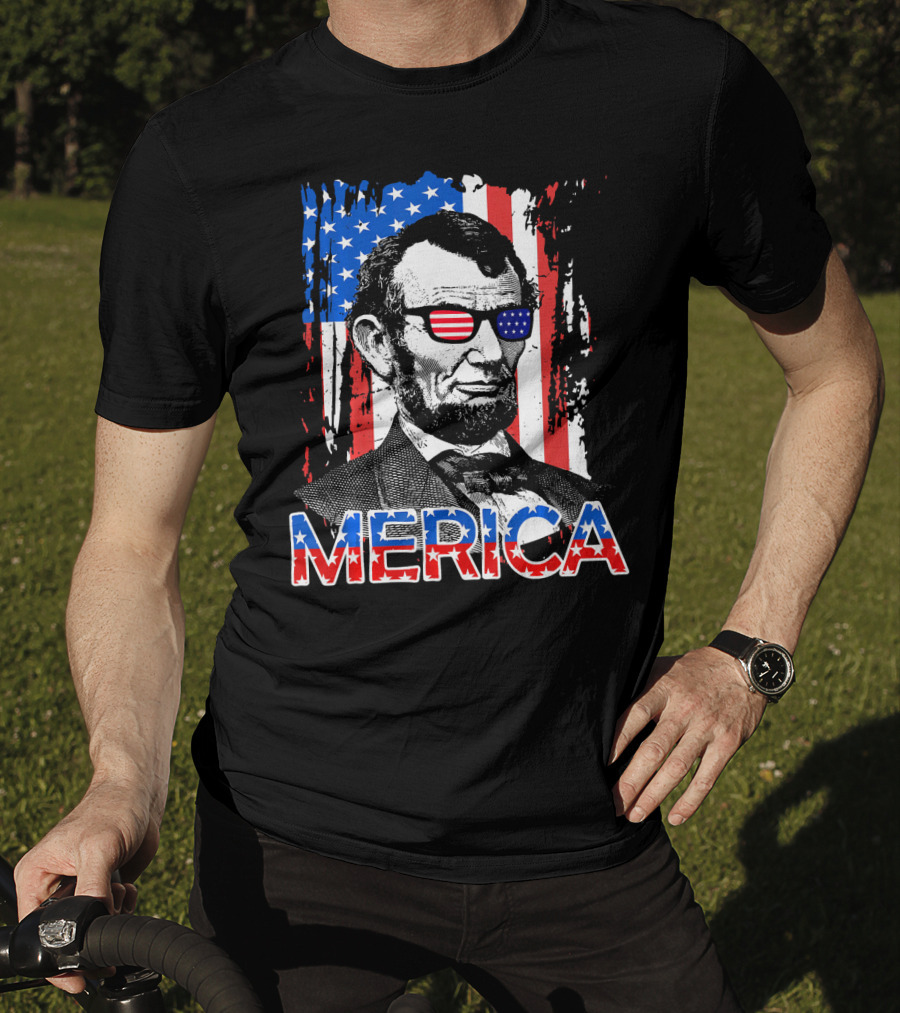 Merica American Flag Abe Lincoln With Sunglasses T-Shirt
