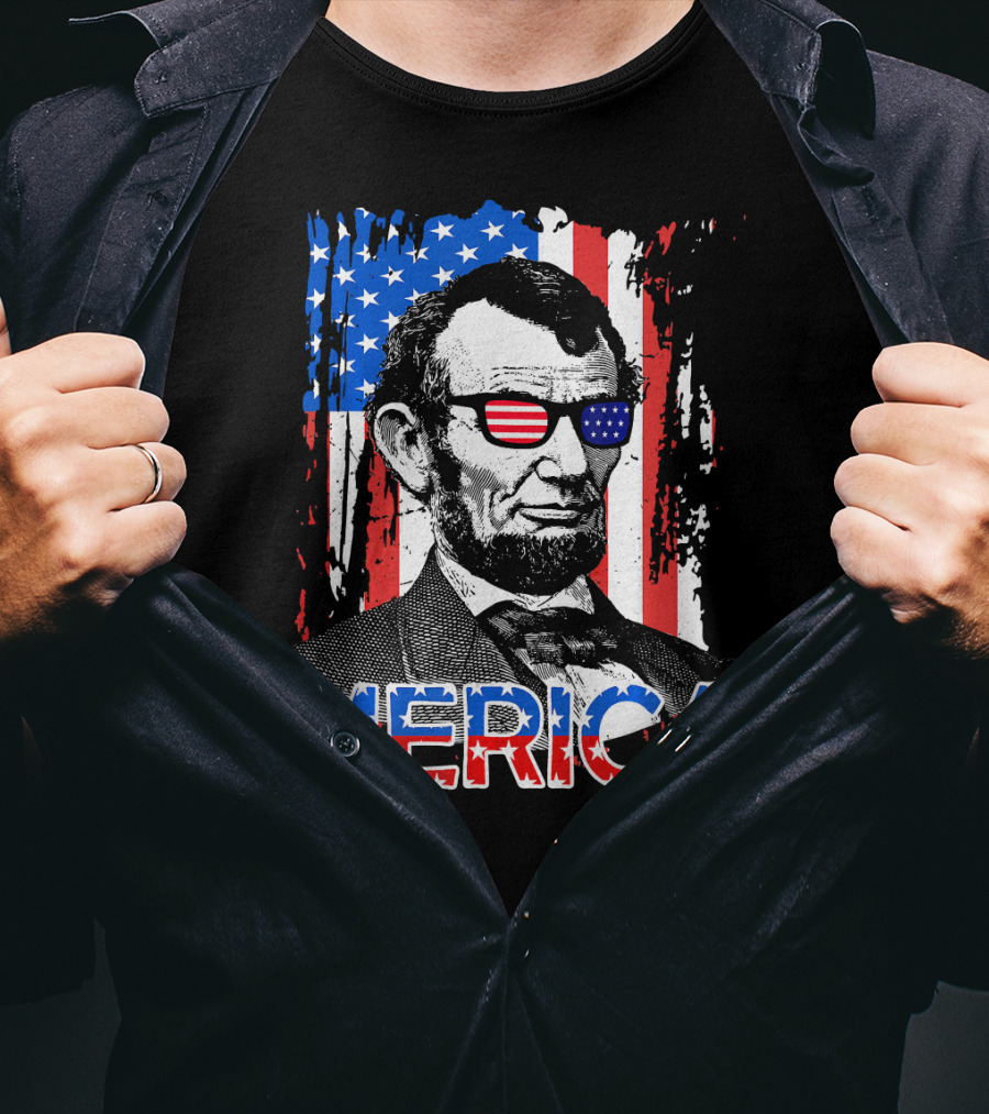Merica American Flag Abe Lincoln With Sunglasses T-Shirt