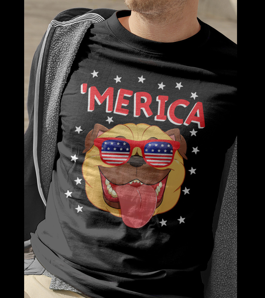 'Merica Pug Wearing American Flag Sunglasses With Stars T-Shirt