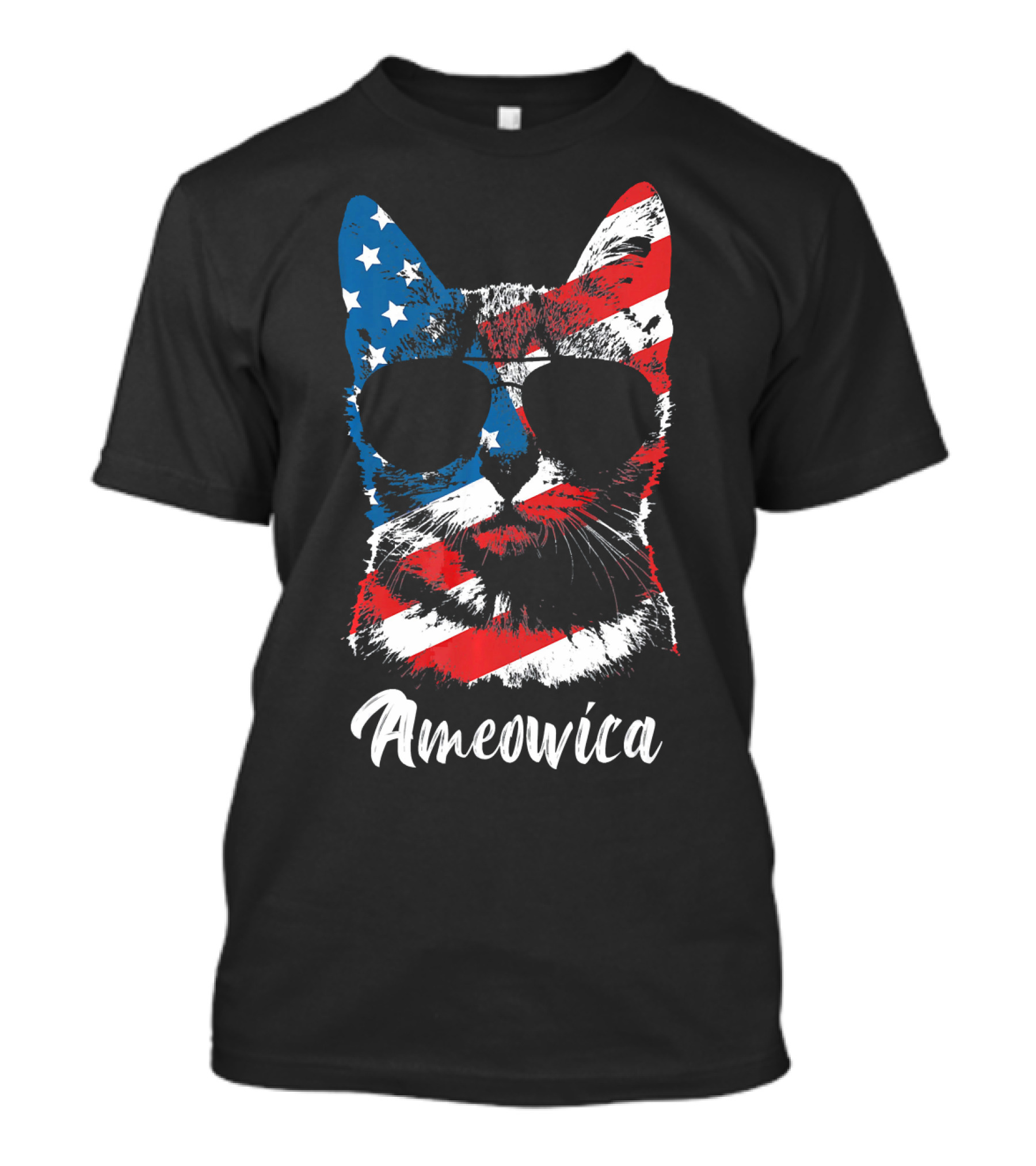 Ameowica Funny Cat Lover Patriotic Stars And Stripes Sunglasses T-Shirt