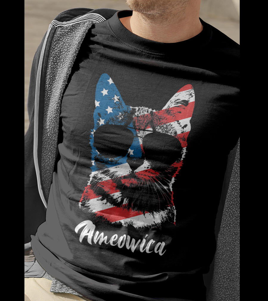 Ameowica Funny Cat Lover Patriotic Stars And Stripes Sunglasses T-Shirt